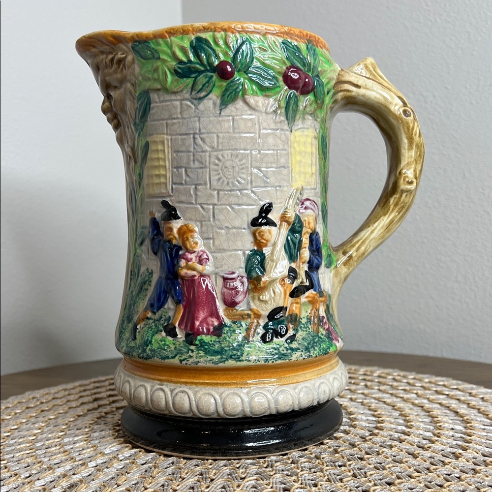 Vintage Made in Japan Majolica-Style Relief Pitcher | 8.25”H | Figural Scene